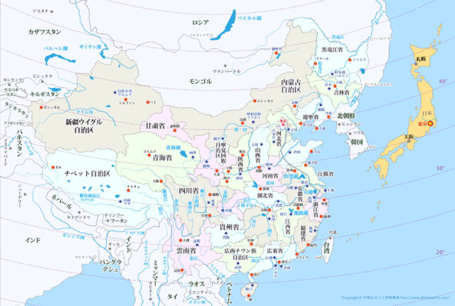 中国地図（隣接諸外国地図含）：省・省都・河川などの名称入り